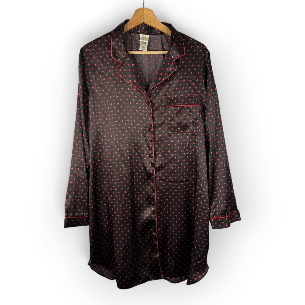 Jonquil Satin Sleep Shirt Womens Large Black Red Quatrefoil Red Clove Nightgown